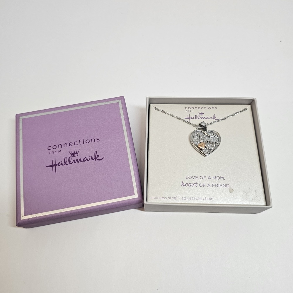 Hallmark Mom Heart Necklace Stainless Steel IP Pink Plated Pendant Jewelry 18"+2